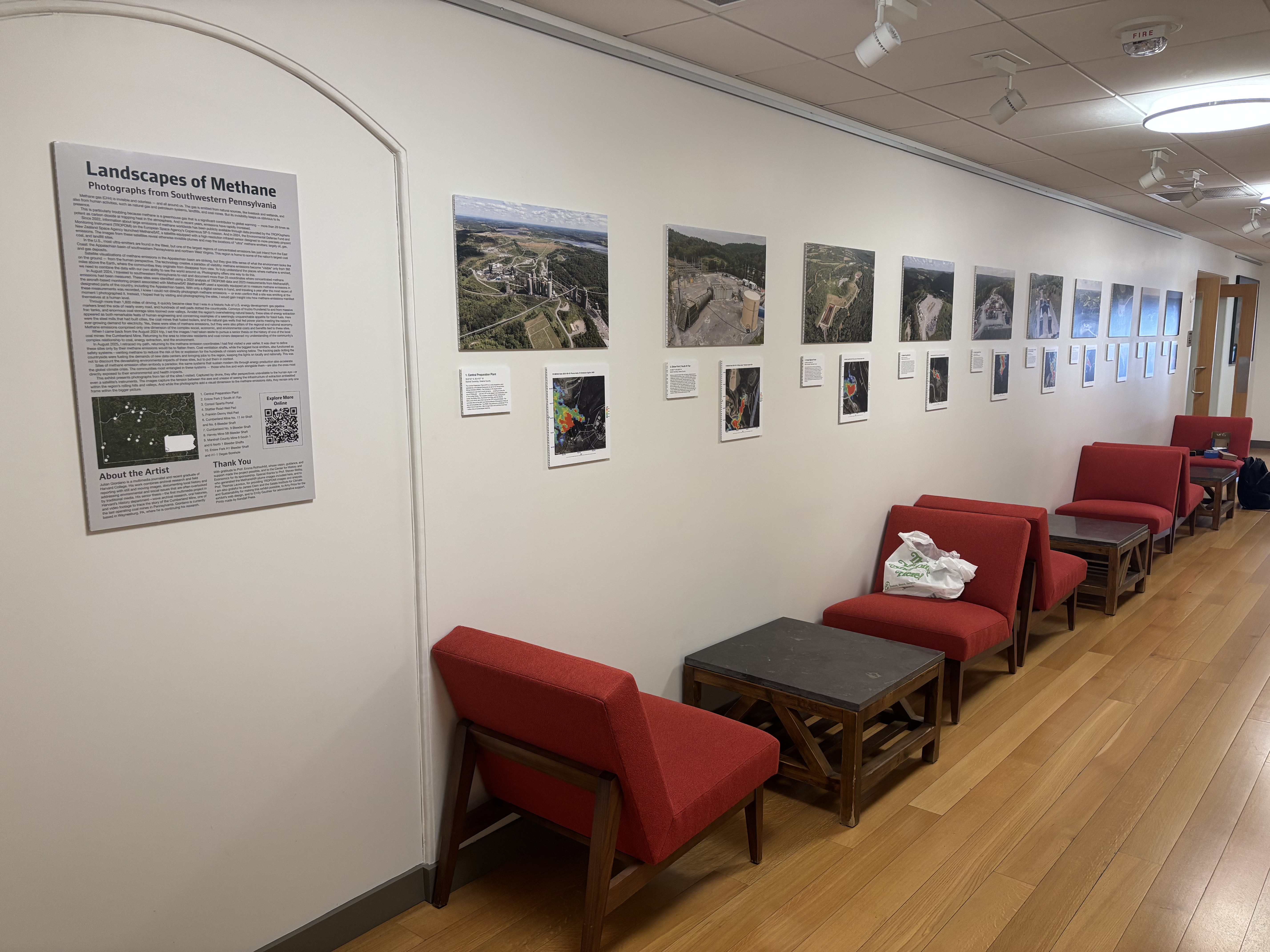 A laser level and some painter’s tape helped with installing the exhibit in the Harvard University Center for the Environment.